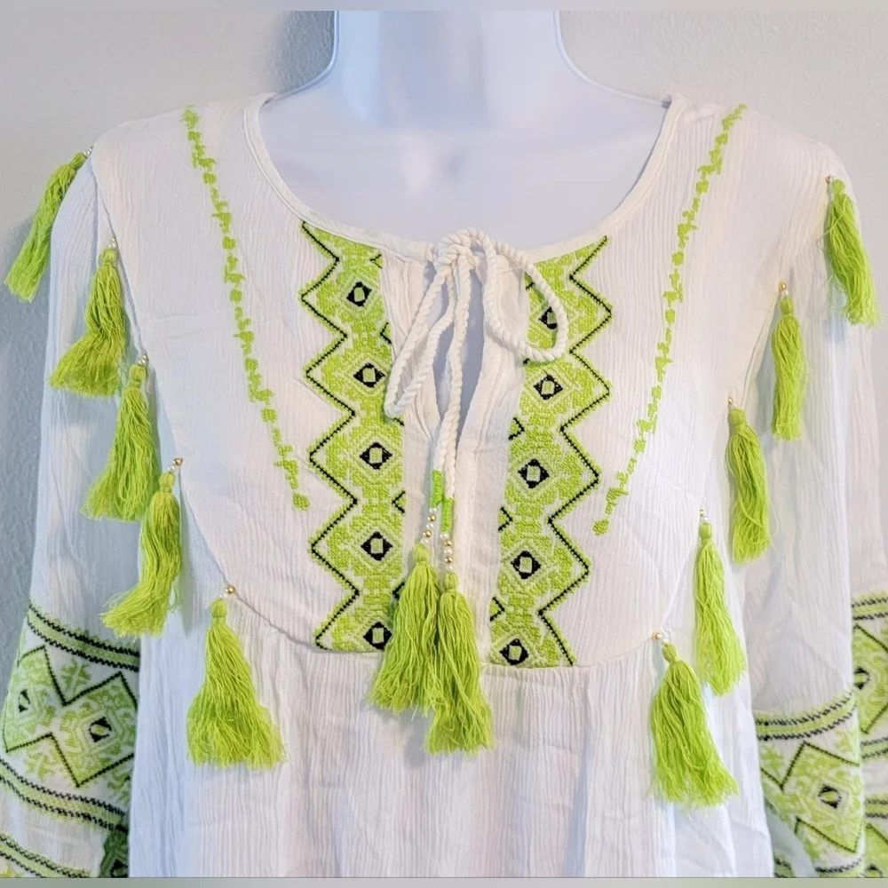 L NWT Chealsea & Theodore Tassel Embroidered Tribal Boho Shift Dress Cotton Midi - Picture 2 of 6